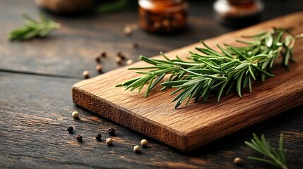 Fresh rosemary on a wooden board, emphasizing home remedy and natural medicine applications, with ample space for text or graphic elements.