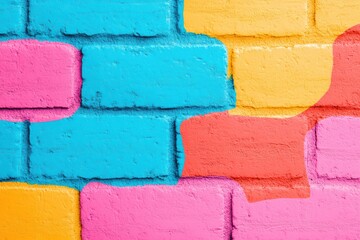 Poster - Colorful brick wall featuring vibrant blue, pink, yellow, and orange hues, adding an artistic touch to any design project or background.