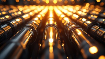 Poster - A close-up view of metallic pipes reflecting warm light, suggesting industrial context.