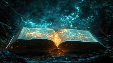 Wall Mural - an enchanting open book surrounded by mystical light and smoke in a serene forest, inviting readers 