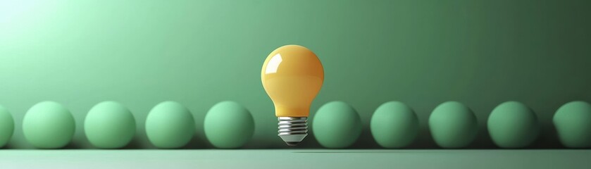Poster - A vibrant yellow light bulb stands out against a backdrop of soft green spheres, symbolizing creativity and innovation in design.