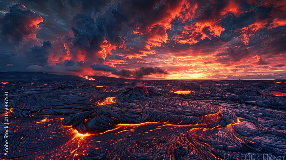 Molten Lava Flow Under a Fiery Sky Stock Illustration | Adobe Stock