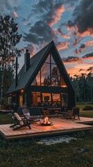 Poster - A cozy cabin with a fireplace and a deck overlooking a lush green yard