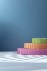 Poster - Colorful stacked circles on a soft surface, showcasing a serene interior with light and shadow, perfect for wellness and design themes.