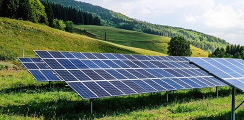 Vibrant landscape featuring solar panels and wind turbines harnessing renewable energy under a clear blue sky.