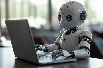Aufkleber -  robot is sitting at a table with a laptop, typing on the keyboard. The robot has a human-like appearance and is wearing a white suit. The scene is set in a restaurant or cafe, with chairs