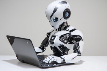 Aufkleber - robot is sitting on a laptop and typing. The robot is white and black