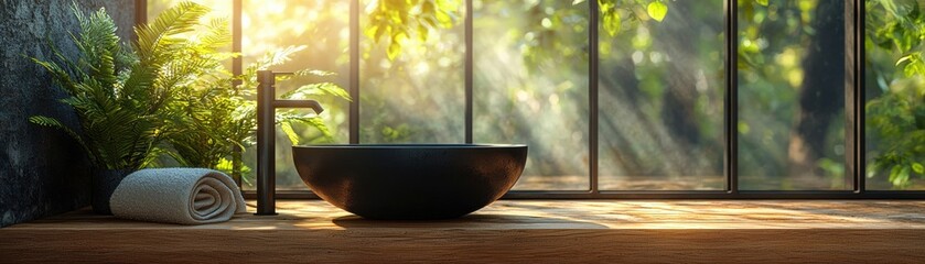 Wall Mural - A serene bathroom scene featuring a modern black basin, towel, and lush greenery illuminated by warm sunlight streaming through large windows.