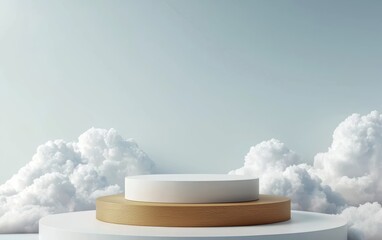 Poster - Minimalist podium with layers against a serene sky and fluffy clouds, ideal for showcasing products or awards in a modern design.