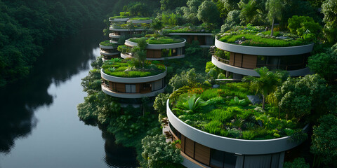 Wall Mural - New riverbank round houses with rooftop gardens in lush green forest setting emphasize sustainable architecture