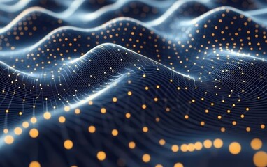 Poster - Abstract digital landscape with flowing waves and glowing dots, representing technology and innovation in a futuristic environment.