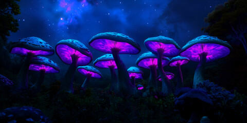 Magical forest glows with bioluminescent mushrooms under the starry night sky