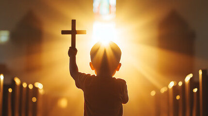 Little Girl Holding Cross in Church at Sunset | A Symbol of Faith and Innocence Bathed in Divine Light