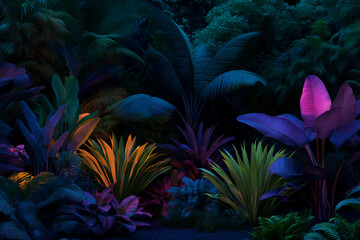 Poster - Discover the enchanting neon lit jungle at night, where vivid hues cast a surreal spell on tropical flora, turning them into mystical and alluring sights