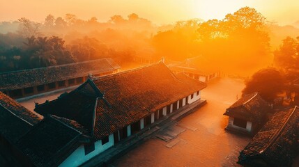 Poster - A breathtaking view of ancient architecture bathed in warm sunrise light, surrounded by misty trees. Perfect for showcasing tranquility and beauty in nature.