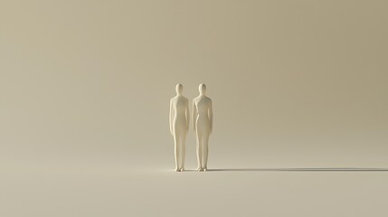 Two minimalist figures stand side by side in an empty, neutral space, casting soft shadows, evoking themes of companionship and solitude.