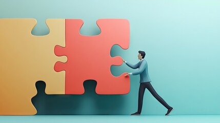 Poster - A 3D paper businessman assembling a giant jigsaw puzzle, symbolizing teamwork, collaboration, and smart organizational