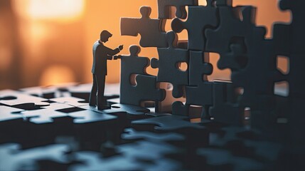 Poster - A 3D paper businessman assembling a giant jigsaw puzzle, symbolizing teamwork, collaboration, and smart organizational