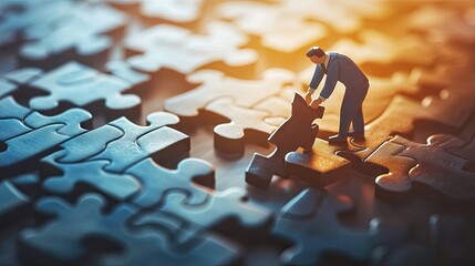 Poster - A 3D paper businessman assembling a giant jigsaw puzzle, symbolizing teamwork, collaboration, and smart organizational