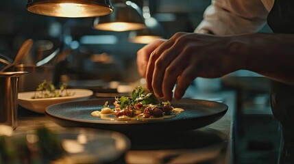 Wall Mural - A chef's hands delicately plating a gourmet dish in a warm, elegant kitchen, highlighting the artistry of fine dining preparation.