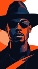 Wall Mural - Stylish African American man wearing an eye patch and hat against vibrant orange background