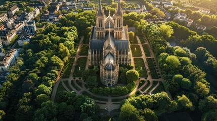 Wall Mural - Aerial View of the Majestic Gothic Cathedral with Ornate Spires and Domes Surrounded by a Picturesque Park and Cityscape in a Historic European City