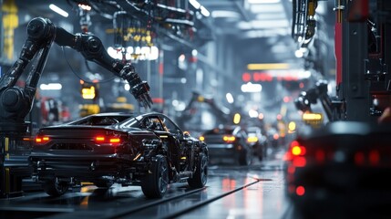 Poster - A futuristic automotive assembly line with robotic arms and sleek cars in production.