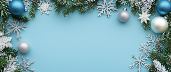 Wall Mural - a blue background with a snowflake design and a bunch of christmas ornaments