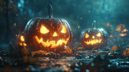 Wall Mural - glowing jack o lanterns in dramatic lighting