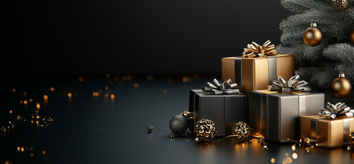 christmas tree with a black and gold box on top. the box is decorated with a bow