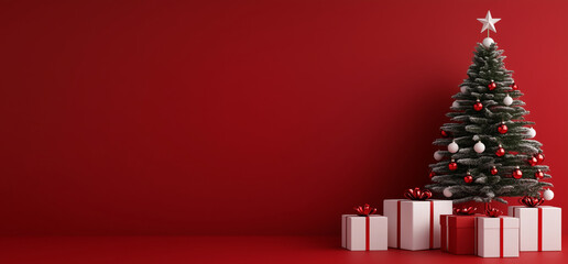 Wall Mural - a christmas tree is surrounded by white boxes and sits in front of a red wall