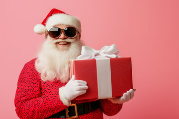 Wall Mural - man in a santa suit holding a red box with a bow on it