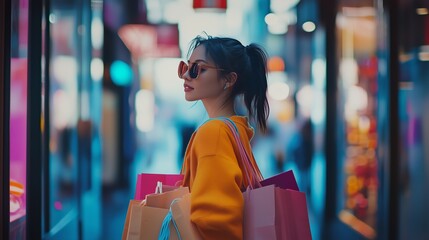 Wall Mural - A young woman in sunglasses carries colorful shopping bags while strolling through a vibrant urban shopping district on a sunny day