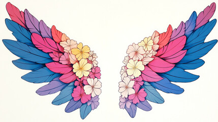 Wall Mural - A pair of colorful wings made of feathers and flowers, isolated on a white background.