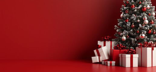 Wall Mural - a red background with a christmas tree and presents