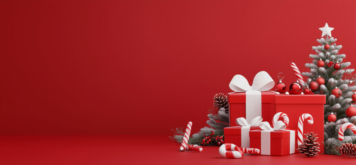 Wall Mural - a red background with a white tree and a red box with a white bow on top