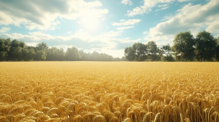 Poster - A field of golden wheat with a bright sun shining down on it