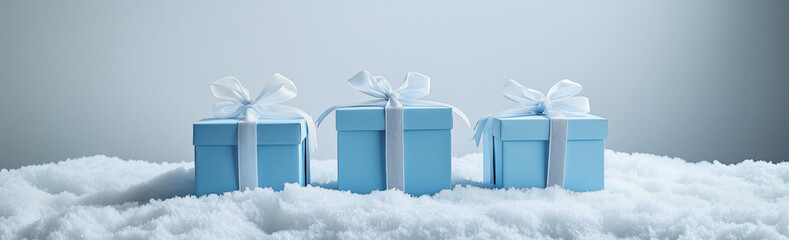 Wall Mural - three blue boxes with white bows on top of a snowy surface