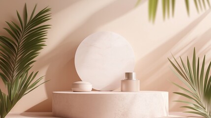 Poster - minimalist composition with round pedestal, sleek skincare products, and lush green plants in soft n