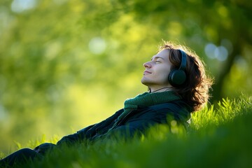 Young man relaxing in the grass listening to music.