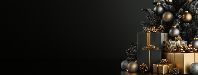 Wall Mural - black background with a christmas tree and presents. the tree is decorated with gold and silver orna