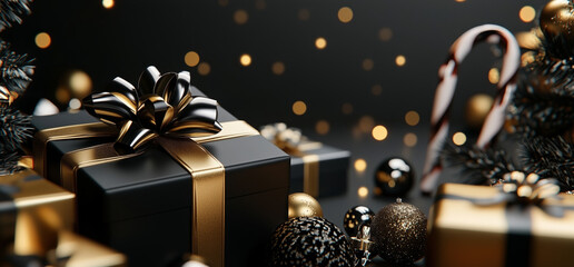 Wall Mural - black box with a gold bow on top of it is surrounded by gold and black decorations. concept of luxur