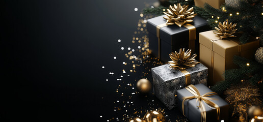 Wall Mural - black and gold christmas tree with many boxes on top. the boxes are decorated with gold ribbons and 