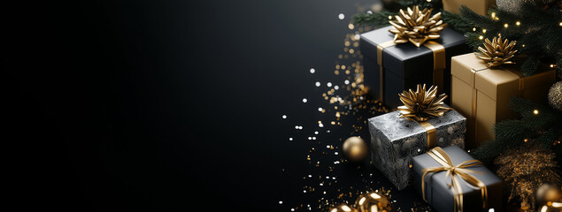 Wall Mural - black and gold christmas display with a black background. the boxes are decorated with gold ribbons 