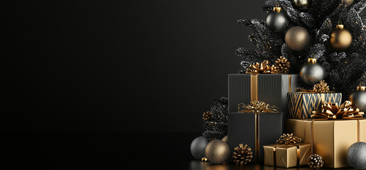 Wall Mural - black and gold christmas tree with many gifts and ornaments