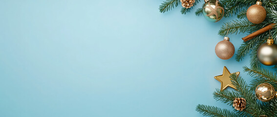 Wall Mural - a blue background with a christmas tree ornamented with gold