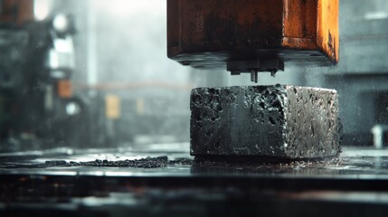 Poster - A hydraulic press crushing a metal block in an industrial setting.