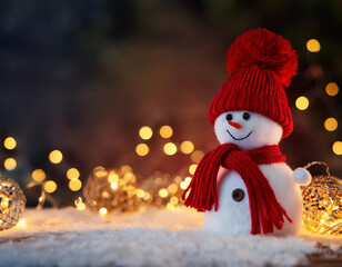 Christmas and New Year background with snowman on the snow at night in outside, bokeh lights. copy space