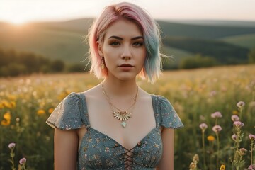 Portrait of a young woman with short pastel-colored hair in a vintage dress standing in a field of wildflowers during golden hour