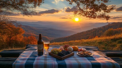Poster - A table with a bottle of wine, a glass, and a plate of food